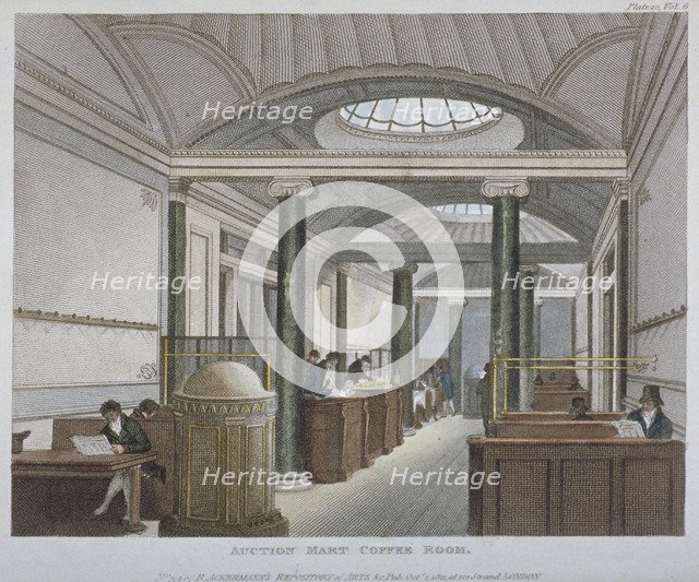 Interior view of the coffee room at the Auction Mart, Bartholomew Lane, City of London, 1811. Artist: Anon