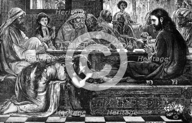 Jesus at the House of the Pharisee, from the picture by F. W. Lawson, 1881. Creator: William James Palmer.