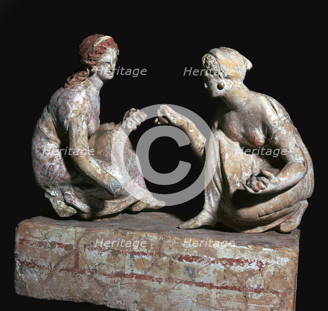 Terracotta group of 'knucklebone' (astragalos) players, Hellenistic Greek, c330-c300 BC. Artist: Unknown