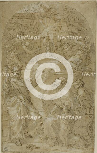 Saint Peter, Saint Augustine and a Female Saint in Adoration of the Eucharist, n.d. Creator: Unknown.