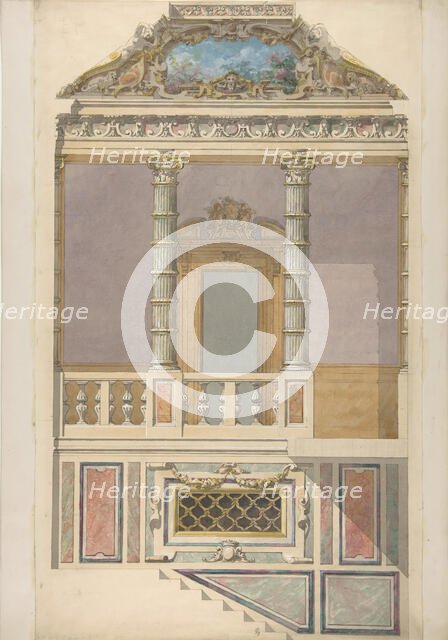 Elevation of an Italianate interior, including steps and an upper loggia decorated..., 1830-97. Creators: Jules-Edmond-Charles Lachaise, Eugène-Pierre Gourdet.