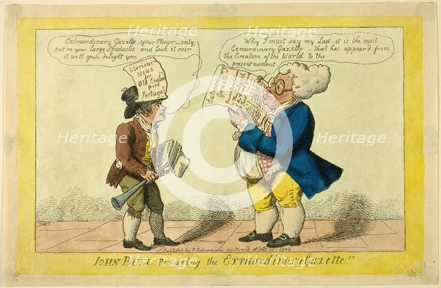 John Bull Perusing the Extraordinary Gazette, published October 10, 1808. Creator: Isaac Cruikshank.