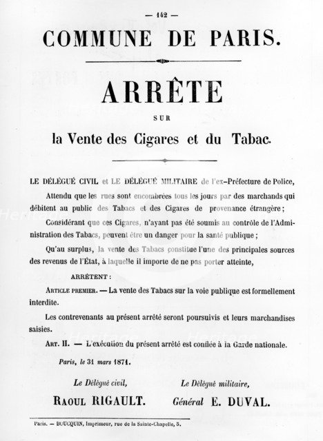 Arrete sur la Vente des Cigares et du Tabac, from French Political posters of the Paris Commune Artist: Unknown