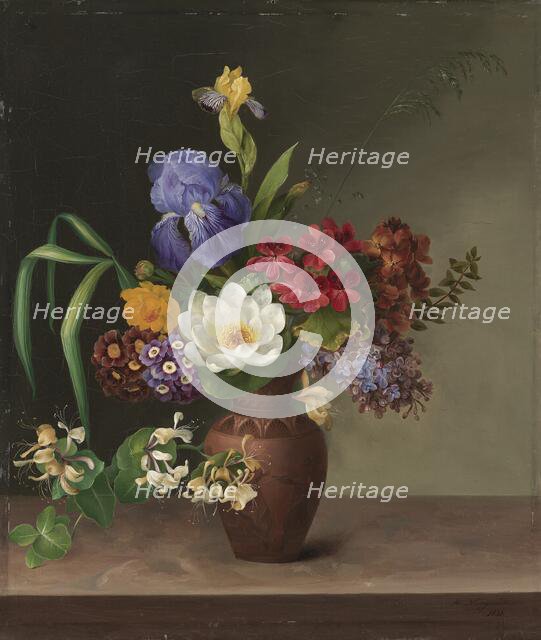 Greek-style vase with iris, sorrel and honeysuckle, 1831. Creator: Hermania Neergaard.