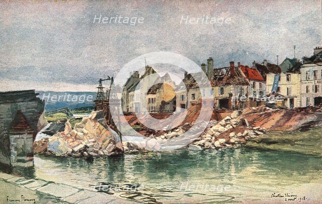 'Sur les Champs de Bataille de 1918; le pont detruit de Chateau-Tierry', 1918. Creator: Francois Flameng.