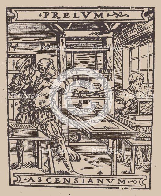Prelum Ascensianum: printer's device with the printing press at work, First quarter of 16th cen. Creator: Anonymous.