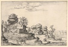 Landscape with peasant dwellings and a man leading a horse in the left foreground, from a ..., 1638. Creator: Ercole Bazicaluva.