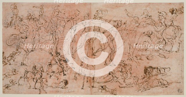 Studies of Warriors, Horsemen, and Lions (recto); Studies of Heads and Nude..., 1528/33. Creator: Perino del Vaga.