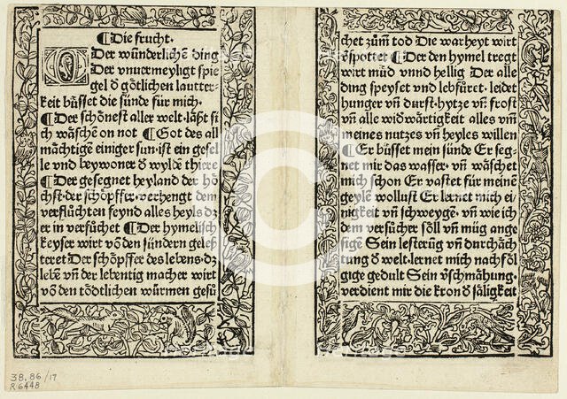 Devotional passages with ornamental borders from Andächtig...1493...assembled 1929. Creators: Unknown, Konrad Dinckmut, Bertold of Regensburg, Wilhelm Ludwig Schreiber.