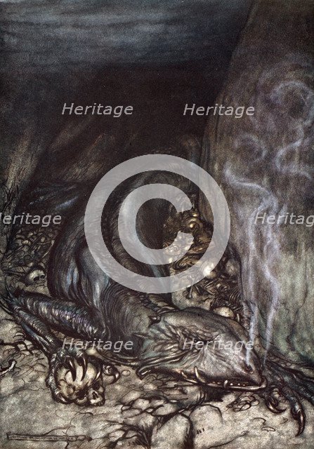 'In dragon's form Fafner now watches the hoard', 1924.  Artist: Arthur Rackham