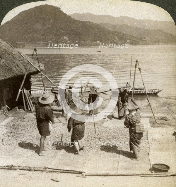 Flailing barley beside a fishing beach on the Inland Sea, Japan, 1904.Artist: Underwood & Underwood