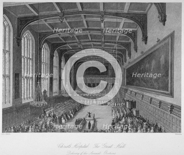 Interior of the hall; delivery of the annual orations, Christ's Hospital, City of London, 1850. Artist: Harden Sidney Melville       
