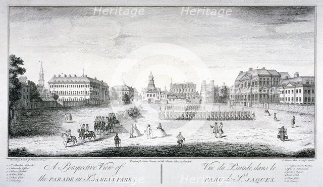 Horse Guards Parade from St James's Park, Westminster, London, 1740. Artist: John Maurer
