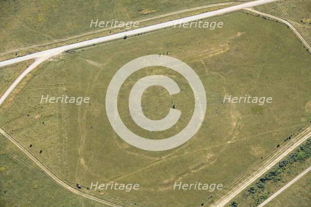 Robin Hood's Ball, a Neolithic causewayed camp showing as a parch mark, Salisbury Plain, 2022. Creator: Damian Grady.