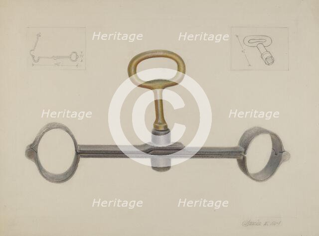 Handcuffs with One Key, c. 1936. Creator: Cornelius Frazier.