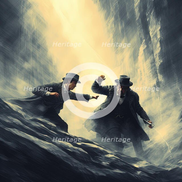 AI IMAGE - Sherlock Holmes and Professor Moriarty fighting on the Reichenbach Falls, 2023. Creator: Heritage Images.