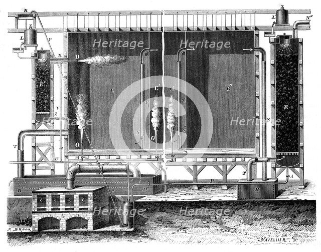 Sectional view of Gay-Lussac's lead chambers and absorption towers, 1870. Artist: Unknown