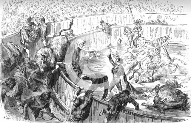 'The Bull leaping the barrier; Notes on Spain', 1875. Creator: Unknown.