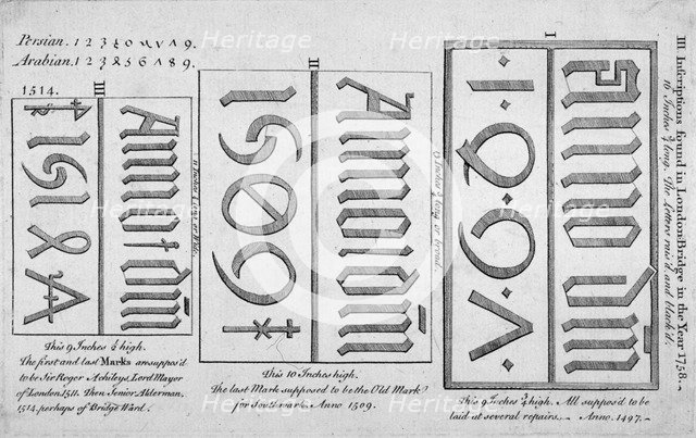 Stone date marks reading 1497, 1506 and 1514 from London Bridge, 1758.                               Artist: Anon