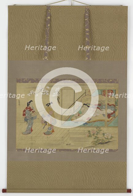 Beauty reclining as visitors approach, Edo period, late 17th-early 18th century. Creator: Tamura Suio.