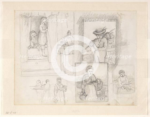 Sketches of children on Sinterklaas morning; boy and girl with a basket, 1836-1896. Creator: Hendrik Valkenburg.