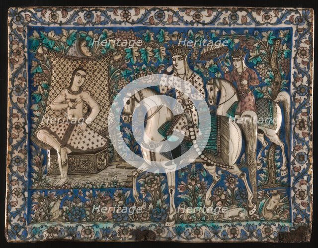 Tile depicting Khusrau Happening upon Shirin Bathing, Qajar dynasty, late 19th century. Creator: Unknown.