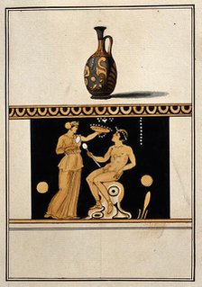Above, red-figured Greek perfume vessel (lekythos) decorated with figures and a palm..., 1760-9. Creator: Augustin Dahlsteen.