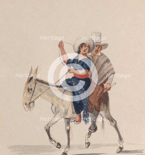 An Indian man and woman riding a donkey, from a group of drawings depicting Peruvian..., ca. 1848. Creator: Attributed to Francisco (Pancho) Fierro.