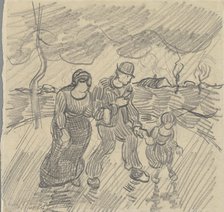 Strolling couple with child on a road in the rain, 1890.