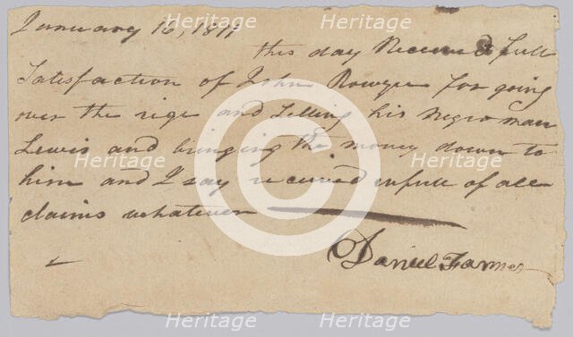 Payment receipt for the hiring out of an enslaved man named Lewis, January 16, 1811. Creator: Unknown.