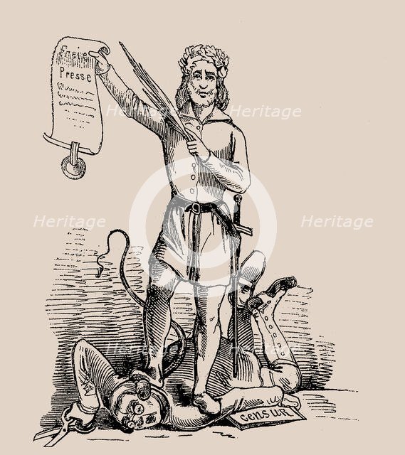 Freedom of the press. Cartoon from the satirical magazine "Leuchtkugeln", 1848. Creator: Anonymous.