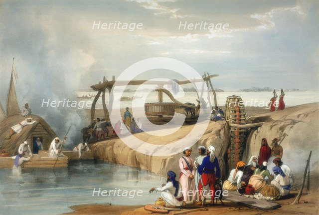Persian wheel raising water from the Sutlej River, Punjab, 1842. Artist: James Atkinson