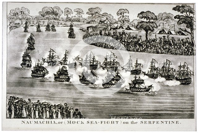 'Naumachia, or (Mock Sea-Fight) on the Serpentine', Hyde Park, London, 1814.                         Artist: Anon