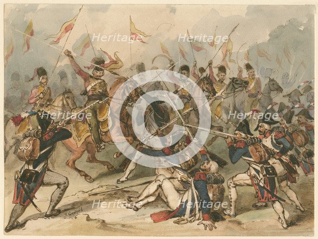 French infantry and Russian hussars in combat at Austerlitz. Artist: Goupil-Fesquet, Frédéric (1817-1878)