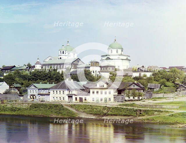 Torzhok, embankment of the river Tvertsa. In the distance, the Resurrection Monastery, 1910. Creator: Sergey Mikhaylovich Prokudin-Gorsky.