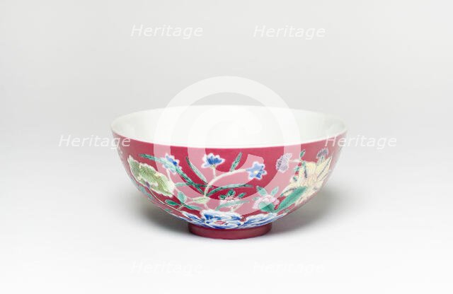 Ruby Red-Ground Famille-Rose 'Floral' Bowl, Qing dynasty (1644-1911), Jiaqing period (1796-1821). Creator: Unknown.