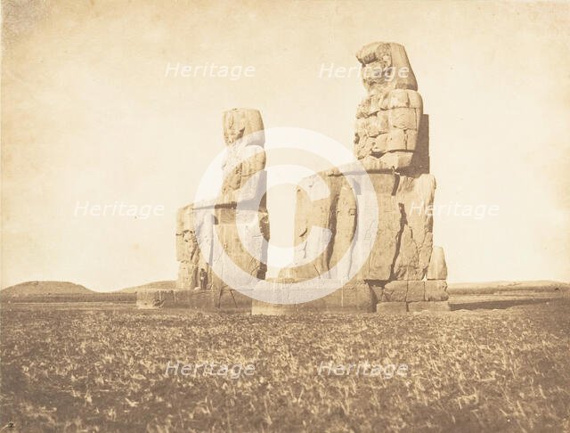 Vue des deux colosses de l'Aménophéum, à Thèbes, 1849-50. Creator: Maxime du Camp.