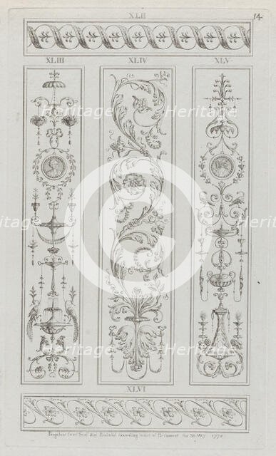 Panels of Ornament, nos. XLII-XLVI ("Designs for Various Ornaments," pl. 14), May 30, 1778. Creator: Michelangelo Pergolesi.