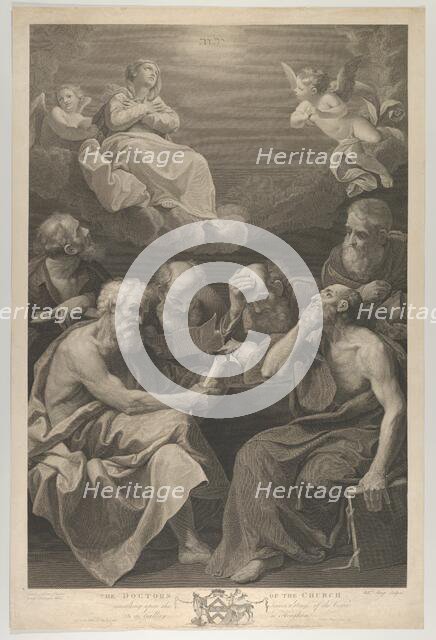 The doctors of the church consulting books and documents and contemplating the Virgin who ..., 1785. Creators: William Sharp, George Farington.