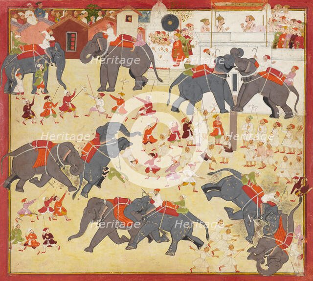Maharana Raj Singh observing an elephant fight, ca. 1670-1675. Creator: Unknown.