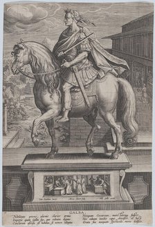 Plate 7: equestrian statue of Galba, in profile to the left, with a beheading scene..., ca. 1587-89. Creator: Adriaen Collaert.