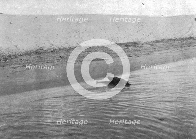 'Sur le Canal de Suez; Un soldat turc tue sur la berge asiatique, au moment ou'il..., 1915 (1924). Creator: Unknown.