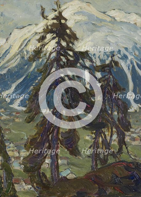 Fir Trees in front of the Mountains. Study from North Norway, c1900s. Creator: Anna Katarina Boberg.
