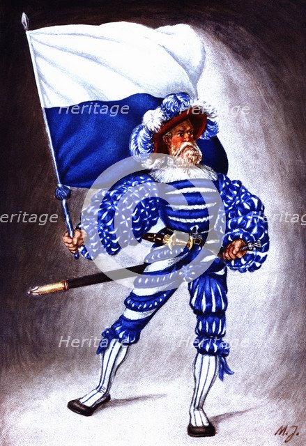Flag bearer from the canton of Lucerna, c. 1510. Color engraving from 1943, published by Editions…