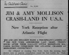 Newspaper Article with Headline Reading: 'Jim & Amy Mollison Crash-land in U.S.A..., 1933. Creator: British Pathe Ltd.