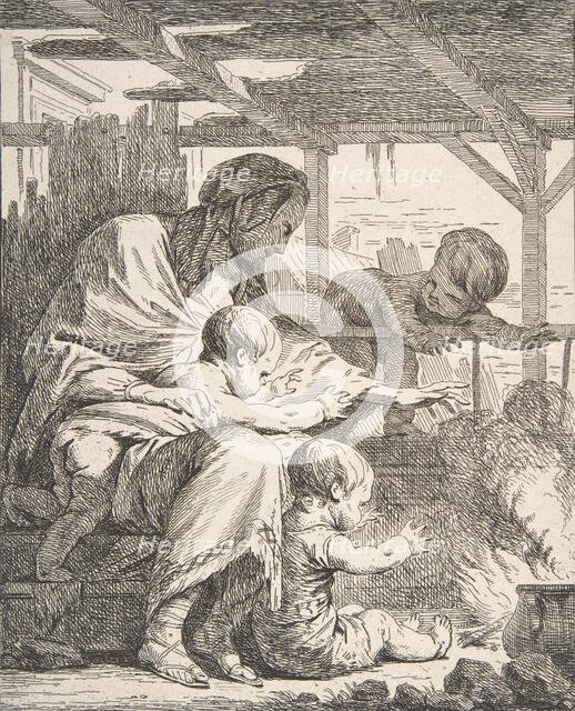 Family Warming Their Hands By a Fire, 18th century., 18th century. Creator: Noël Hallé.