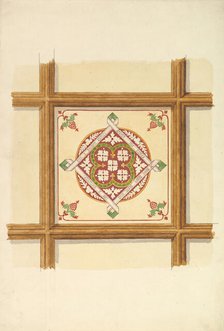 Design for a Coffered and Painted Ceiling in Rust and Olive Green, with a Quatrefoil Motif, 19th cen Creator: John Gregory Crace.