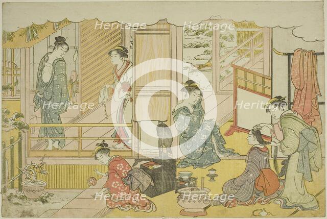 The First Bath of the New Year (Yudono hajime), from the illustrated book "Colors of the..., c.1787. Creator: Torii Kiyonaga.