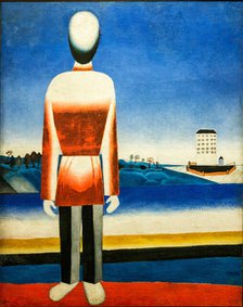 Man in a suprematist landscape, c1930-1931. Creator: Malevich, Kasimir Severinovich (1878-1935).