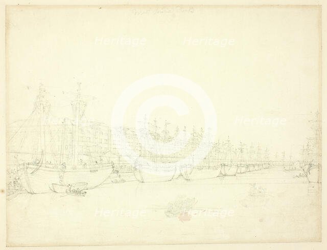 Study for West India Docks, from Microcosm of London, c. 1809. Creator: Augustus Charles Pugin.